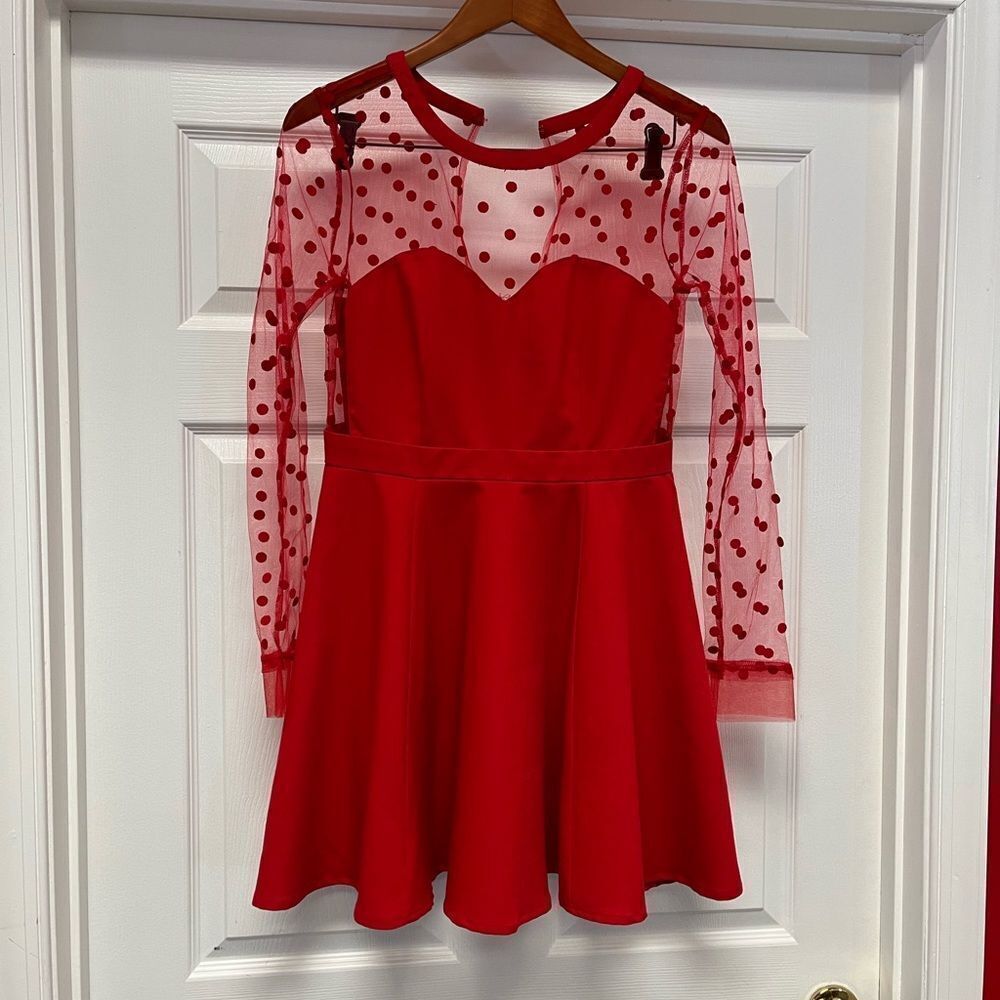 Coincidence & Chance Red Swiss Dot Sheer Sleeve Sweetheart Dress sz M